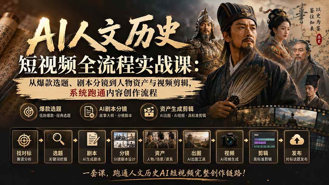 （20476期）AI人文历史短视频全流程实战课-更新：从爆款选题、剧本分镜到人物资产与视频剪辑，系统跑通内容创作流程-副业资源网