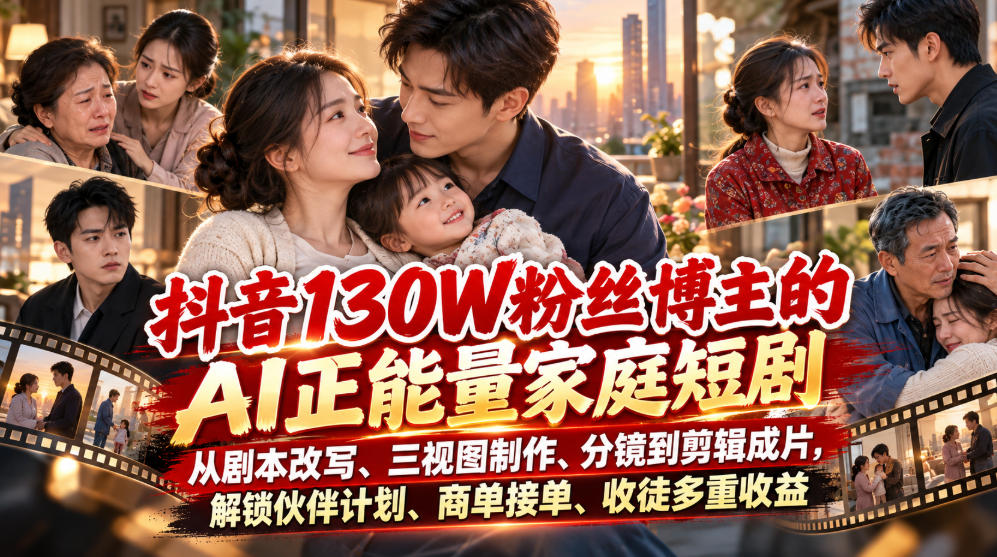 抖音130W粉丝博主的AI正能量家庭短剧，从剧本改写、三视图制作、分镜到剪辑成片，解锁伙伴计划、商单接单、收徒多重收益-副业资源网