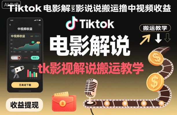 Tiktok电影解说搬运撸中视频收益，tk影视解说搬运教学-副业资源网