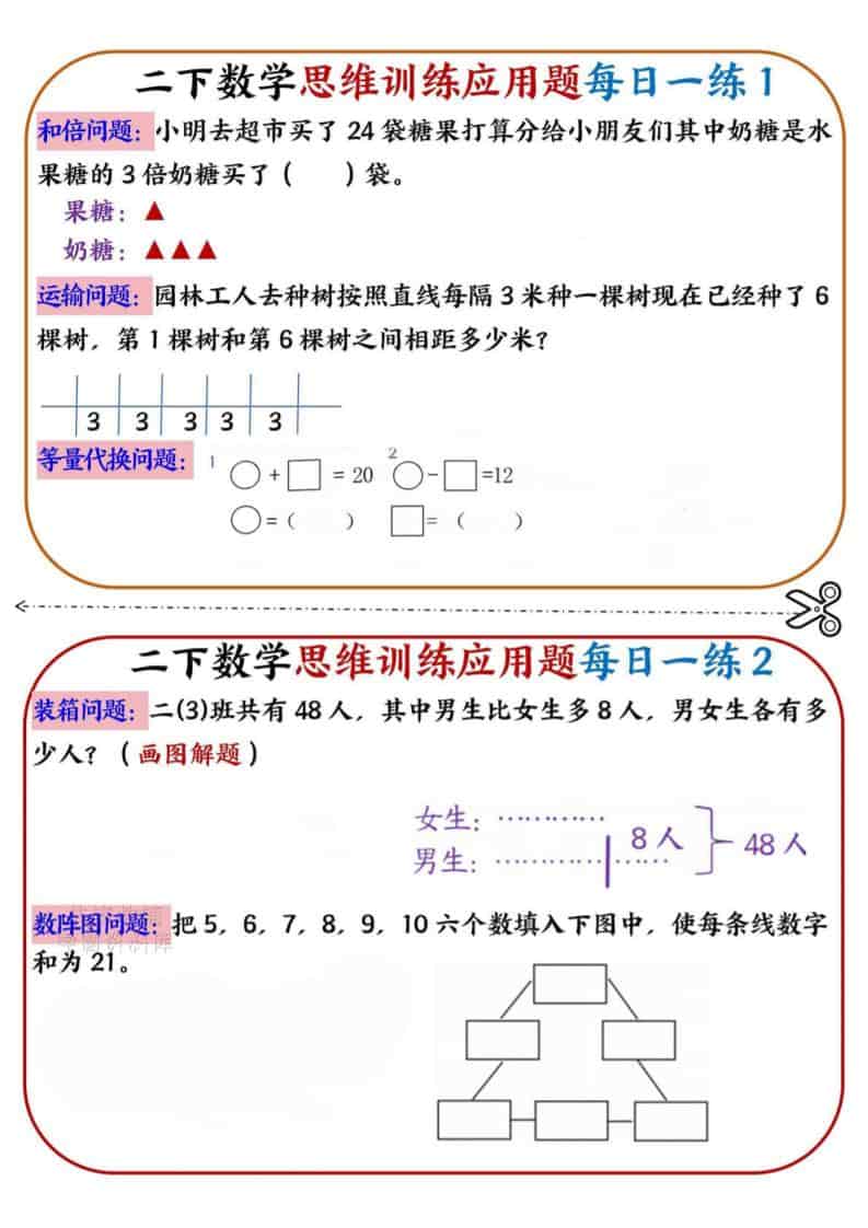 二年级下数学思维训练应用题每日一练小纸条-副业资源网