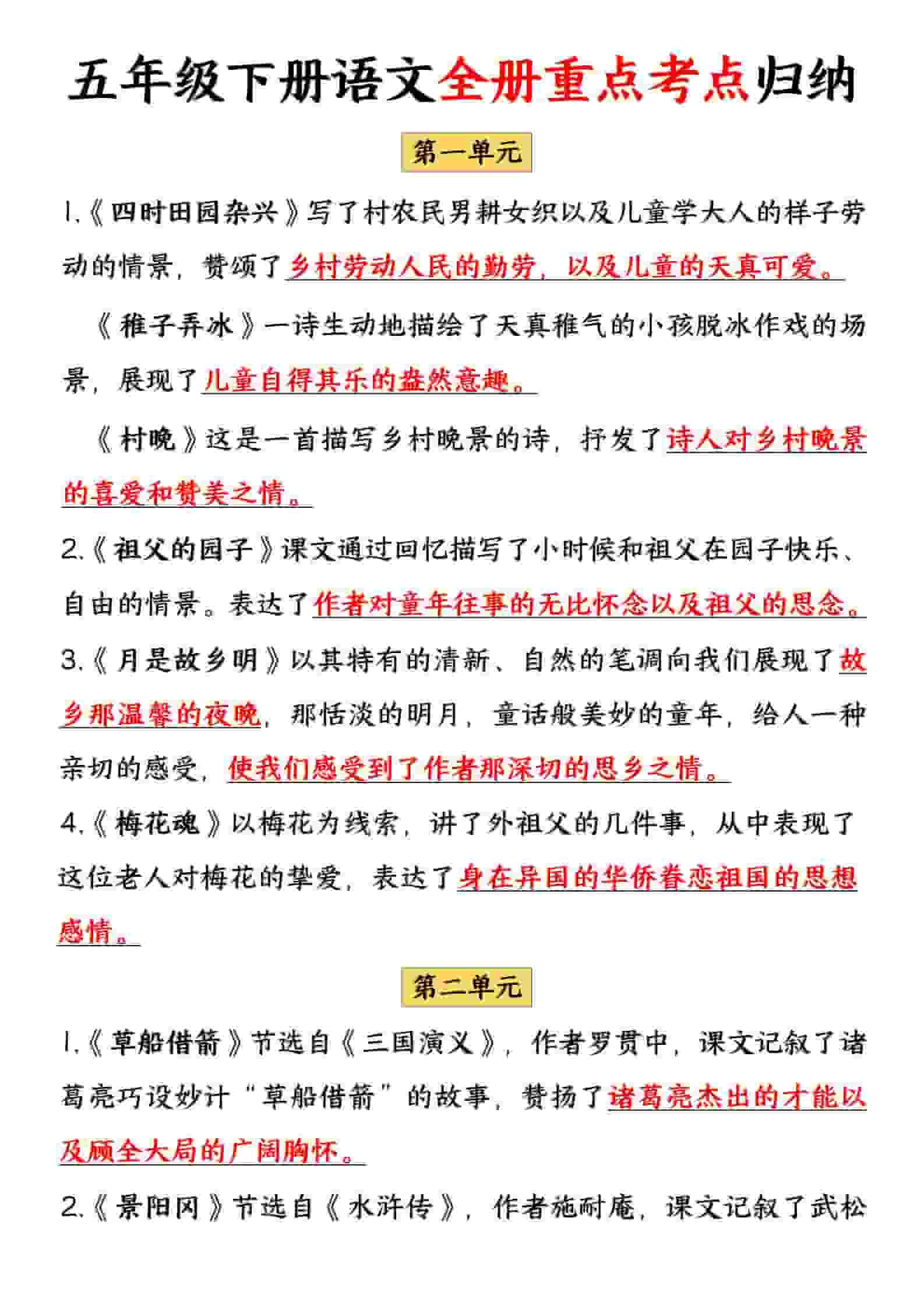 五年级下语文全册重点考点归纳-副业资源网