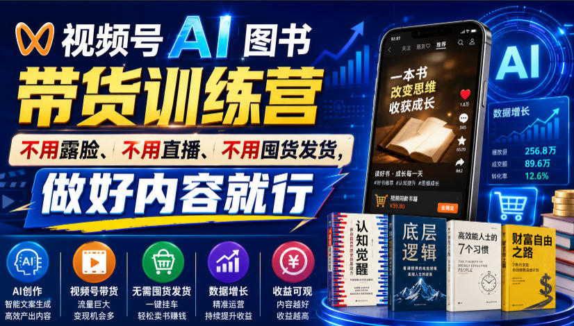 视频号AI图书带货训练营,不用露脸、不用直播、不用囤货发货,做好内容就行,一条爆款视频佣金8942-副业资源网