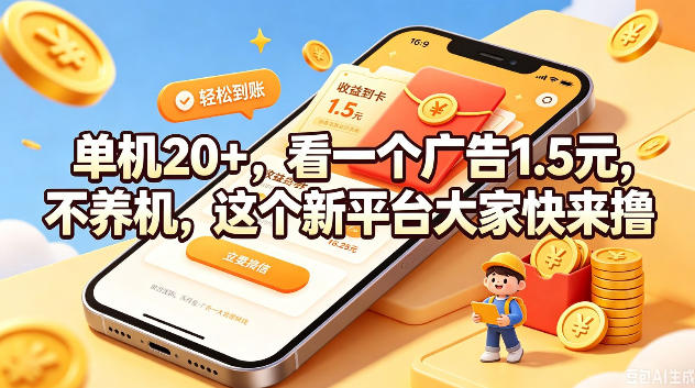 单机20+，看一个广告1.5米，不养机，这个新平台大家快来撸【揭秘】-副业资源网