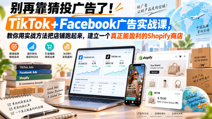别再靠猜投广告了！TikTok+Facebook广告实战课，教你用实战方法把店铺跑起来，建立一个真正能盈利的Shopify商店【原创双语字幕】-副业资源网