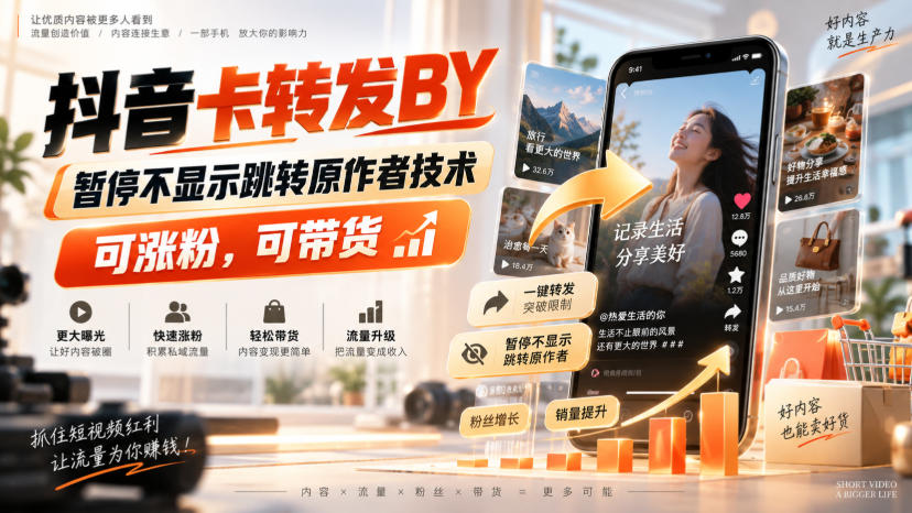 抖音卡转发搬运，暂停不显示跳转原作者技术，可涨粉，可带货-副业资源网
