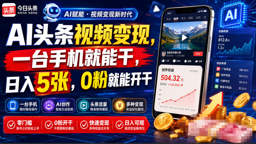 AI头条视频变现，一台手机就能干，日入5张，0粉就能开干-副业资源网