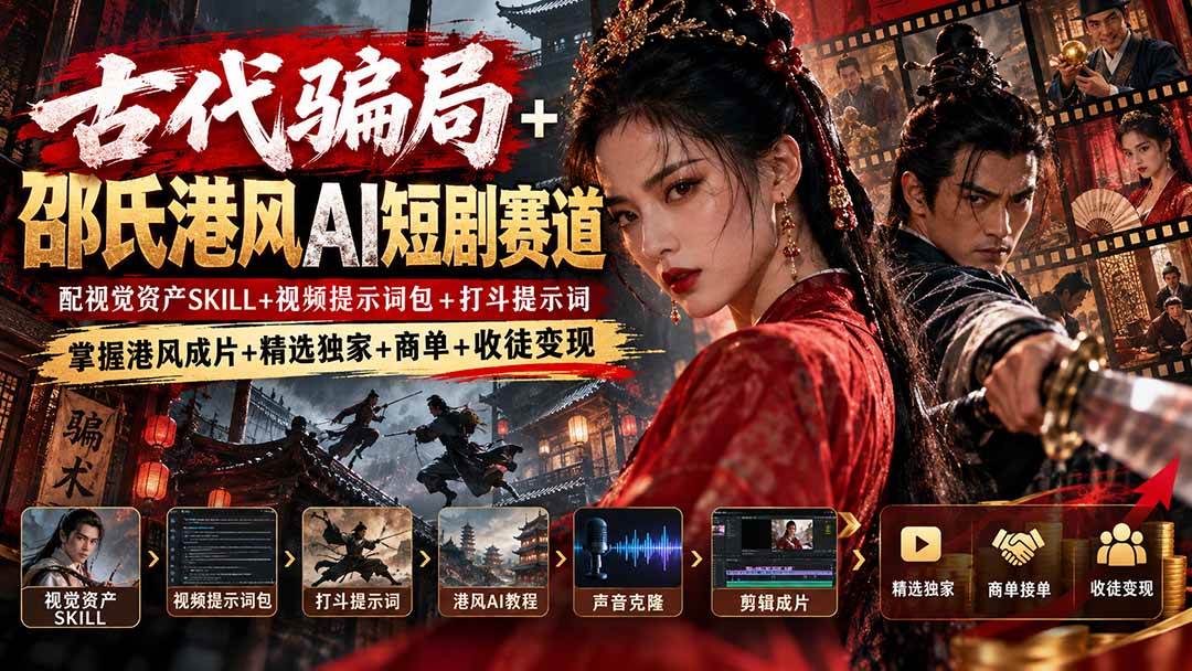 (20684期)古代骗局+邵氏港风AI短剧赛道:配视觉资产SKILL+视频提示词包+打斗提示词,掌握港风成片+精选独家+商单+收徒变现 (20684期)古代骗局+邵氏港风AI短剧赛道:配视觉资产SKILL+视频提示词包+打斗提示词,掌握港风成片+精选独家+商单+收徒变现