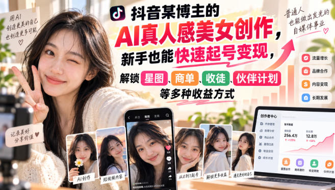 抖音某博主的AI真人感美女创作，新手也能快速起号变现，解锁星图，商单，收徒，伙伴计划等多种收益方式-副业资源网