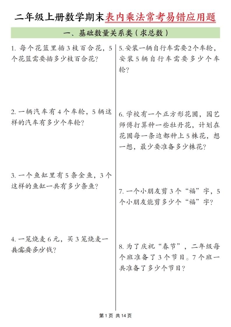 二年级上数学表内乘法常考易错题-副业资源网