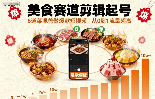 美食赛道剪辑起号，8道菜混剪做爆款短视频，从0到1，流量超高-副业资源网