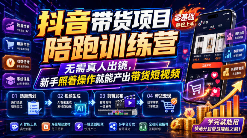 抖音带货项目陪跑训练营,无需真人出镜,新手照着操作就能产出带货短视频(更新0811)-副业资源网