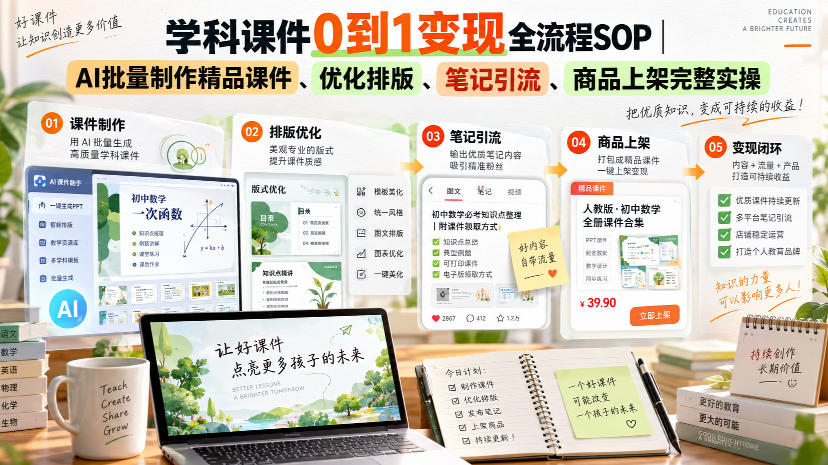 学科课件0到1变现全流程SOP｜AI批量制作精品课件、优化排版、笔记引流、商品上架完整实操-副业资源网