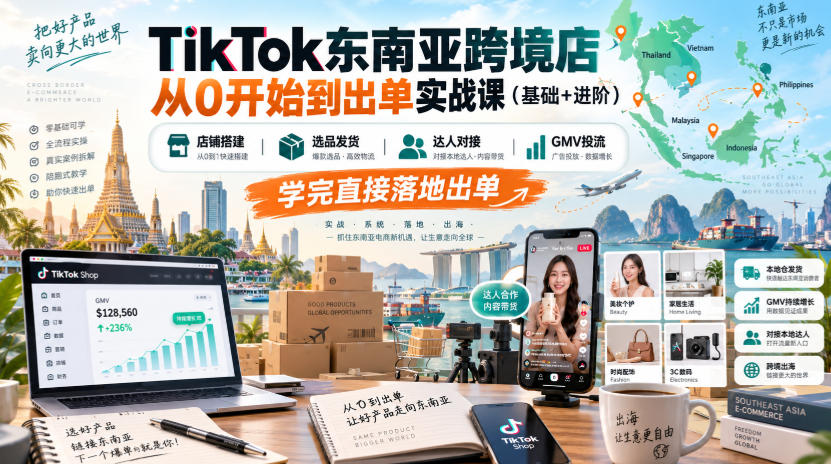 TikTok东南亚跨境店从0开始到出单实战课（基础+进阶），店铺搭建、选品发货、达人对接、GMV投流，学完直接落地出单-副业资源网