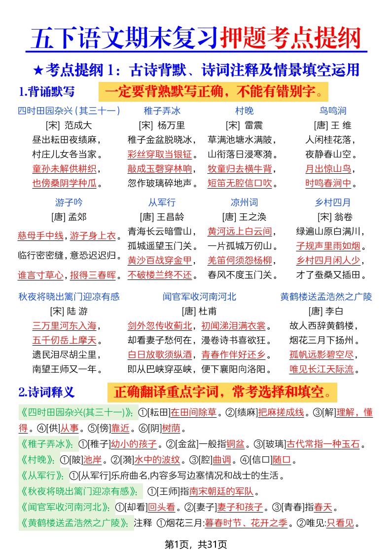 26春五年级下语文期末复习押题考点提纲-副业资源网