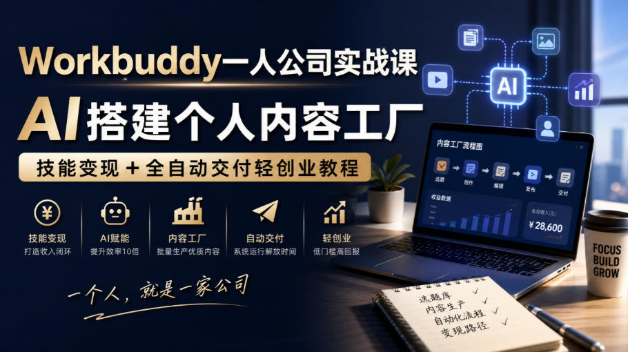 Workbuddy一人公司实战课，AI搭建个人内容工厂，技能变现+全自动交付轻创业教程-副业资源网