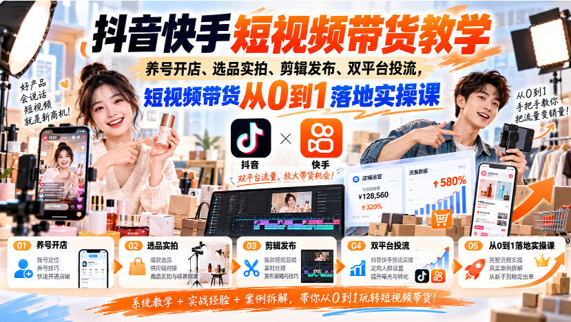 抖音快手短视频带货教学｜养号开店、选品实拍、剪辑发布、双平台投流，短视频带货从0到1落地实操课-副业资源网