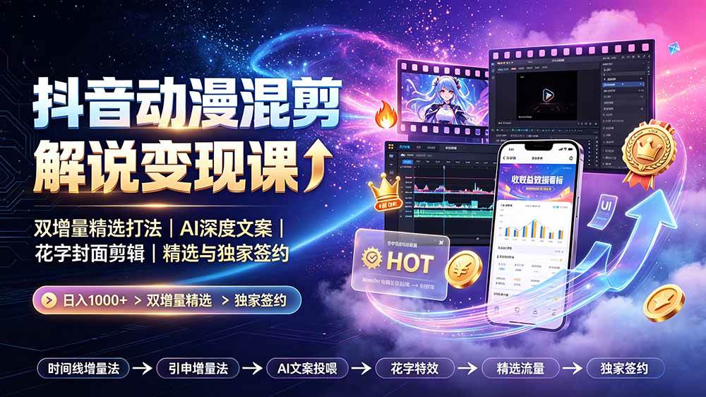 （19311期）抖音动漫混剪解说变现课：双增量精选打法｜AI深度文案｜花字封面剪辑｜ 精选与独家签约日入1000+-副业资源网