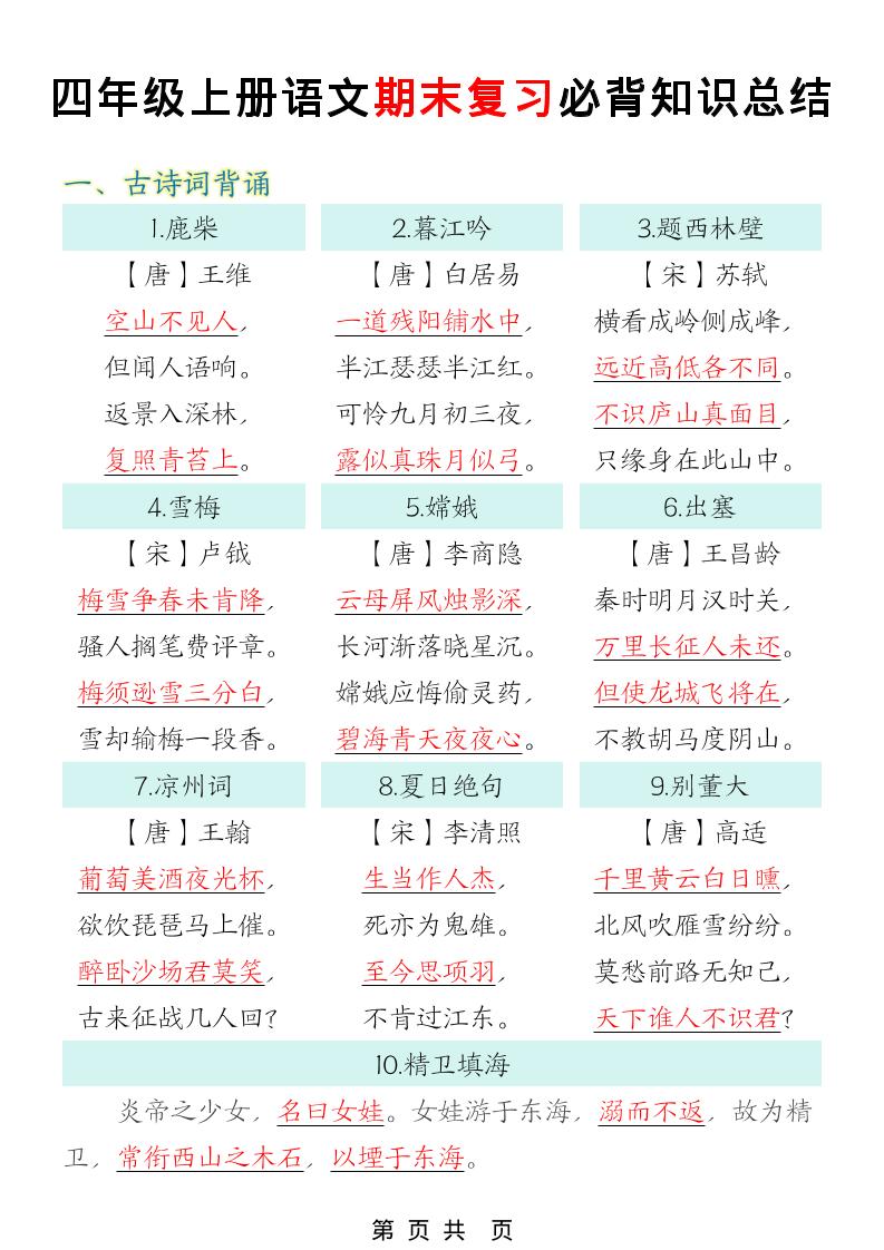 四年级上语文期末复习必背知识总结-副业资源网