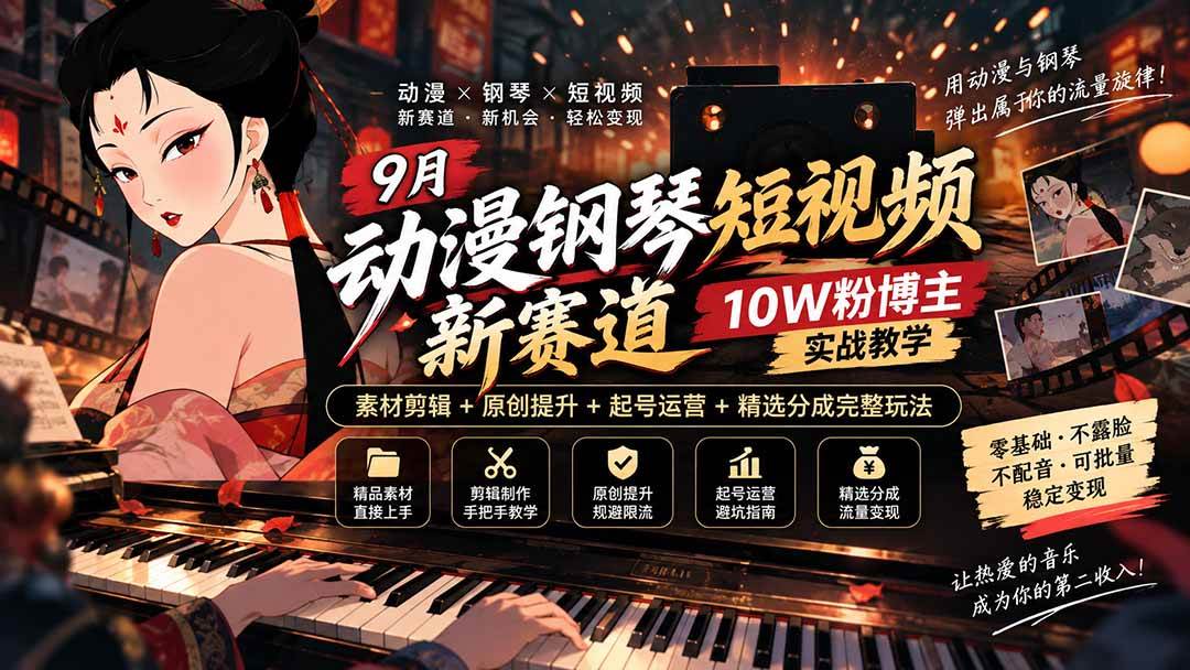 （20506期）9月动漫钢琴短视频新赛道｜10W粉博主实战教学，素材剪辑+原创提升+起号运营+精选分成完整玩法-副业资源网