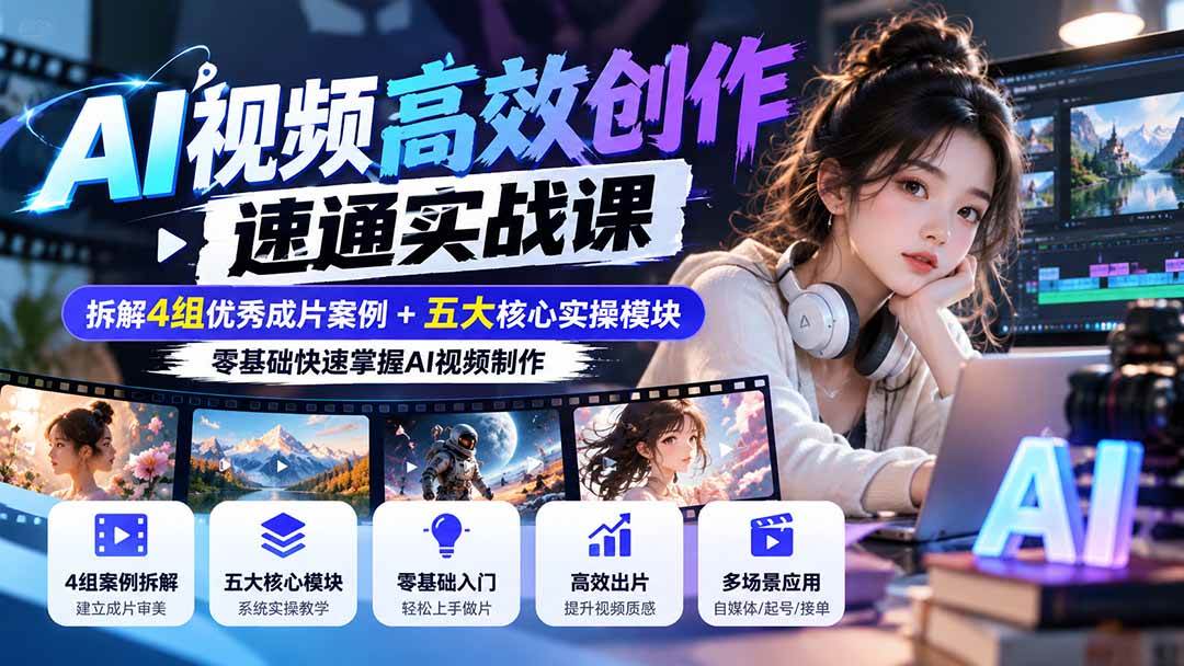 （20819期）【无水印】AI视频高效创作速通实战课：拆解4组优秀成片案例+五大核心实操模块，零基础快速掌握AI视频制作-副业资源网
