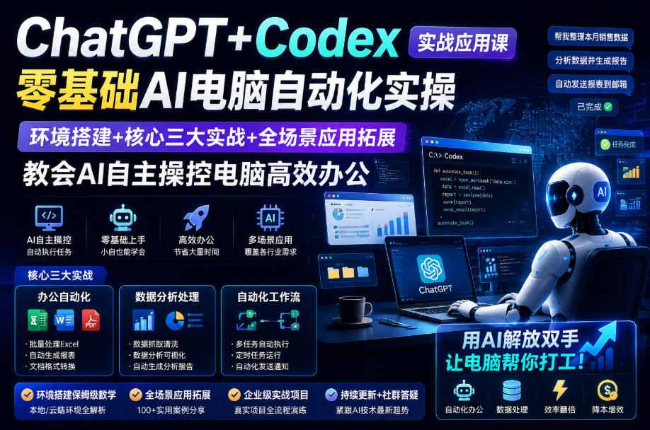 ChatGPT+Codex实战应用课|零基础AI电脑自动化实操,环境搭建+核心三大实战+全场景应用拓展,教会AI自主操控电脑高效办公-副业资源网