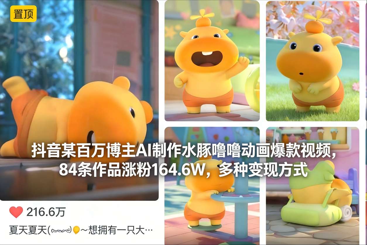 抖音某百万博主AI制作水豚噜噜动画爆款视频，84条作品涨粉164.6W，多种变现方式-副业资源网