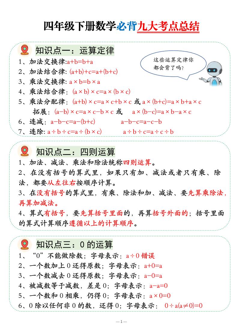 四年级下数学必背九大考点总结-副业资源网