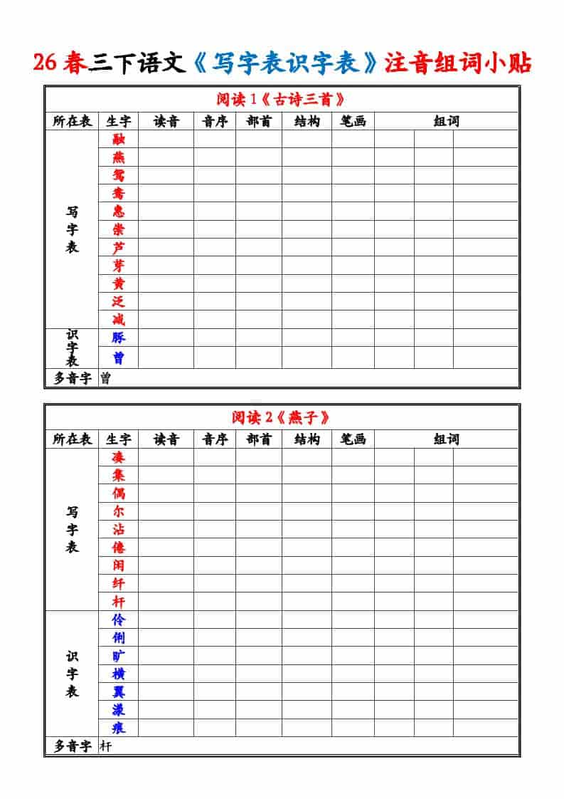 三年级下语文26春《写字表识字表》注音组词小贴-副业资源网