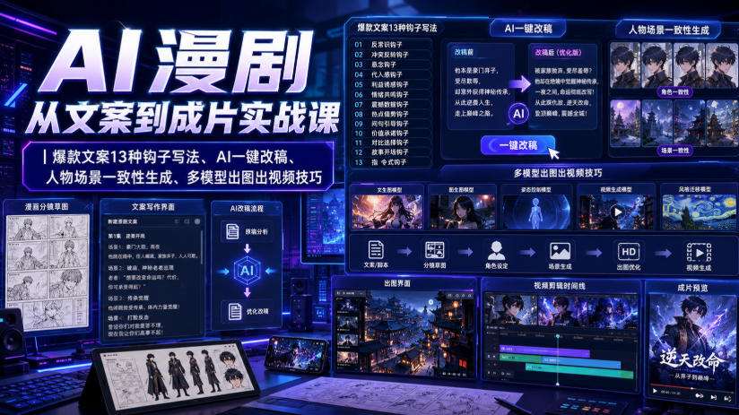 AI漫剧从文案到成片实战课｜爆款文案13种钩子写法、AI一键改稿、人物场景一致性生成、多模型出图出视频技巧-副业资源网