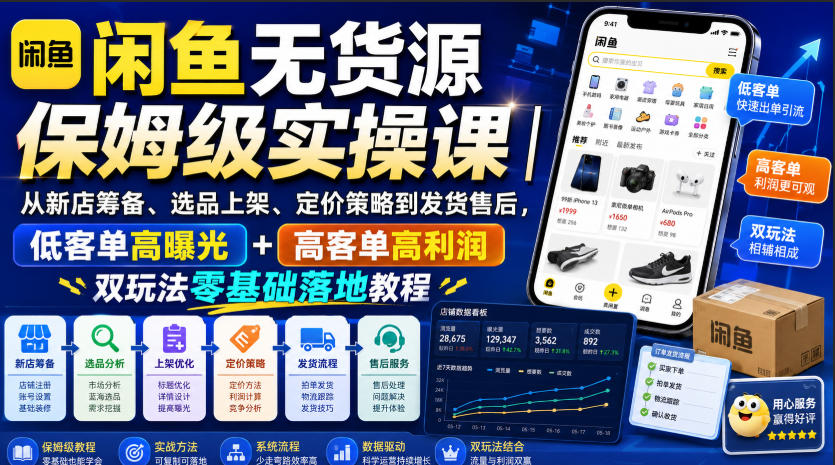 闲鱼无货源保姆级实操课｜从新店筹备、选品上架、定价策略到发货售后，低客单高曝光+高客单高利润双玩法零基础落地教程-副业资源网