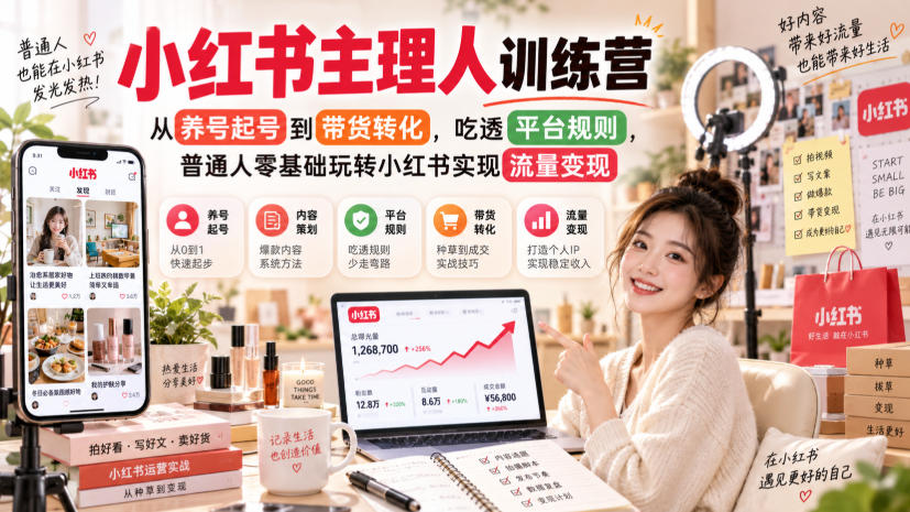 小红书主理人训练营,从养号起号到带货转化,吃透平台规则,普通人零基础玩转小红书实现流量变现-副业资源网