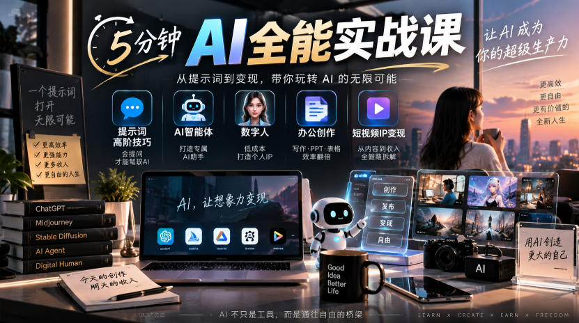5分钟AI全能实战课｜提示词高阶技巧+AI智能体+数字人+办公创作+短视频IP变现全教程-副业资源网