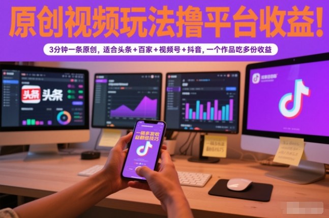 原创视频玩法撸平台收益，3分钟一条原创，适合头条+百家+视频号+抖音，一个作品吃多份收益-副业资源网