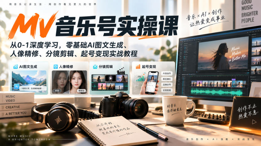 AI MV音乐号实操课，从0-1深度学习，零基础AI图文生成、人像精修、分镜剪辑、起号变现实战教程-副业资源网