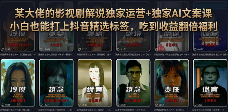 某大佬的影视剧解说独家运营+独家AI文案课，小白0粉丝也能快速打上抖音精选标签、吃到收益翻倍福利-副业资源网