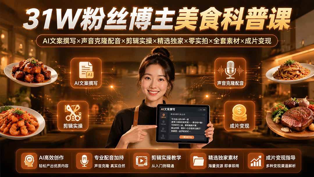 (19558期)31W粉丝博主美食科普课:AI文案撰写×声音克隆配音×剪辑实操×精选独家×零实拍×全套素材×成片变现-副业资源网