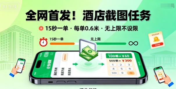 全网首发！酒店截图任务，15秒一单，每单0.6米，任务无上限不设限，矩阵操作单日3张到手【揭秘】-副业资源网