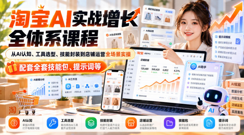 【无水印】淘宝AI实战增长全体系课程，从AI认知、工具选型、技能封装到店铺运营全场景实操，配套全套技能包、提示词等-副业资源网
