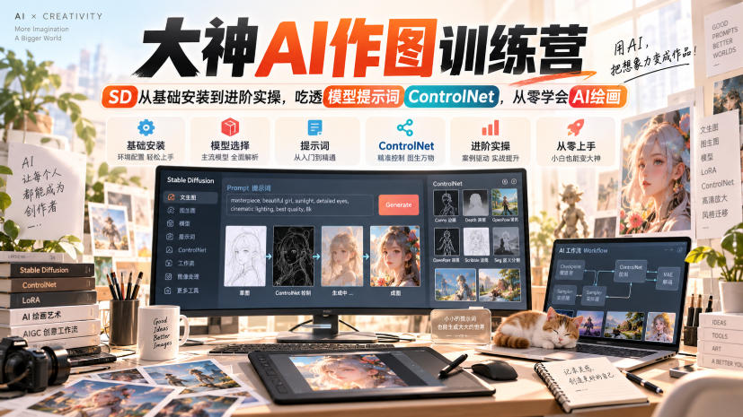 大神AI作图训练营,SD从基础安装到进阶实操,吃透模型提示词ControlNet,从零学会AI绘画-副业资源网
