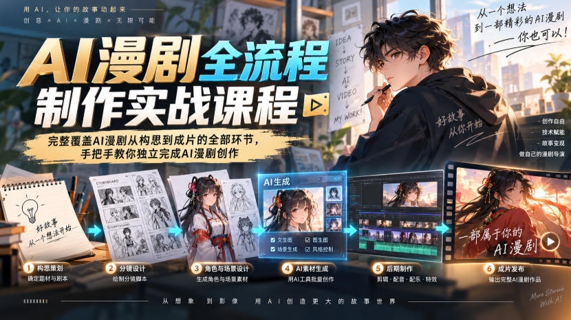 AI漫剧全流程制作实战课程，完整覆盖AI漫剧从构思到成片的全部环节，手把手教你独立完成AI漫剧创作-副业资源网