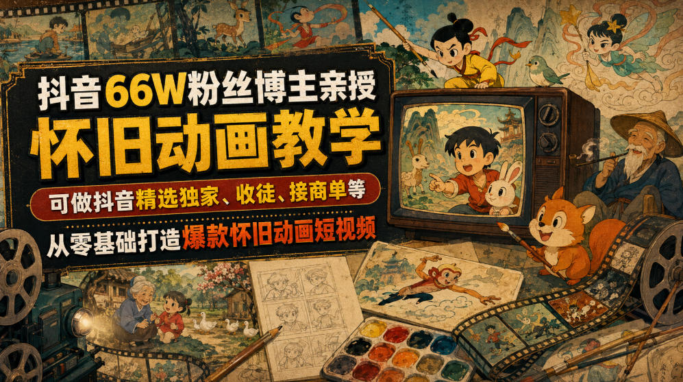 抖音66W粉丝博主亲授怀旧动画教学，可做抖音精选独家、收徒、接商单等，从零基础打造爆款怀旧动画短视频-副业资源网
