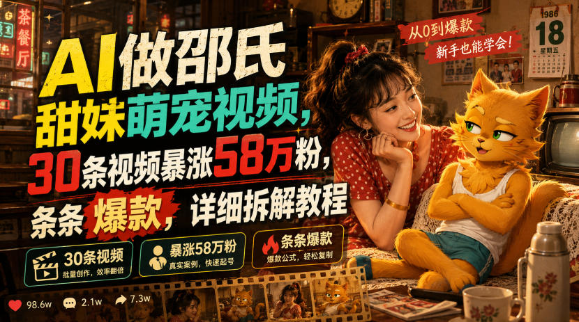 AI做邵氏甜妹萌宠视频，30条视频暴涨58万粉，条条爆款，详细拆解教程-副业资源网