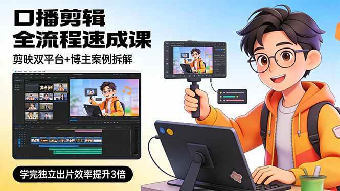 （17420期）口播剪辑全流程速成课，剪映双平台+博主案例拆解，学完独立出片效率提升3倍-副业资源网