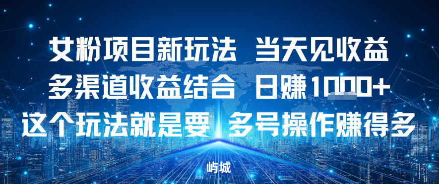 女粉项目新玩法当天见收益多渠道收益结合，日入多张，这个玩法就是要，多号操作賺得多-副业资源网