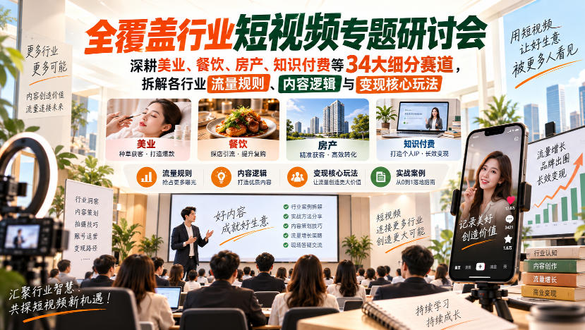 短视频专题研讨会，深耕美业、餐饮、房产、知识付费等34大细分赛道，拆解各行业流量规则、内容逻辑与变现核心玩法-副业资源网