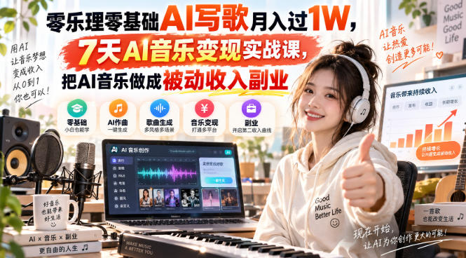 零乐理零基础AI写歌月入过1W,7天AI音乐变现实战课,把AI音乐做成被动收入副业-副业资源网