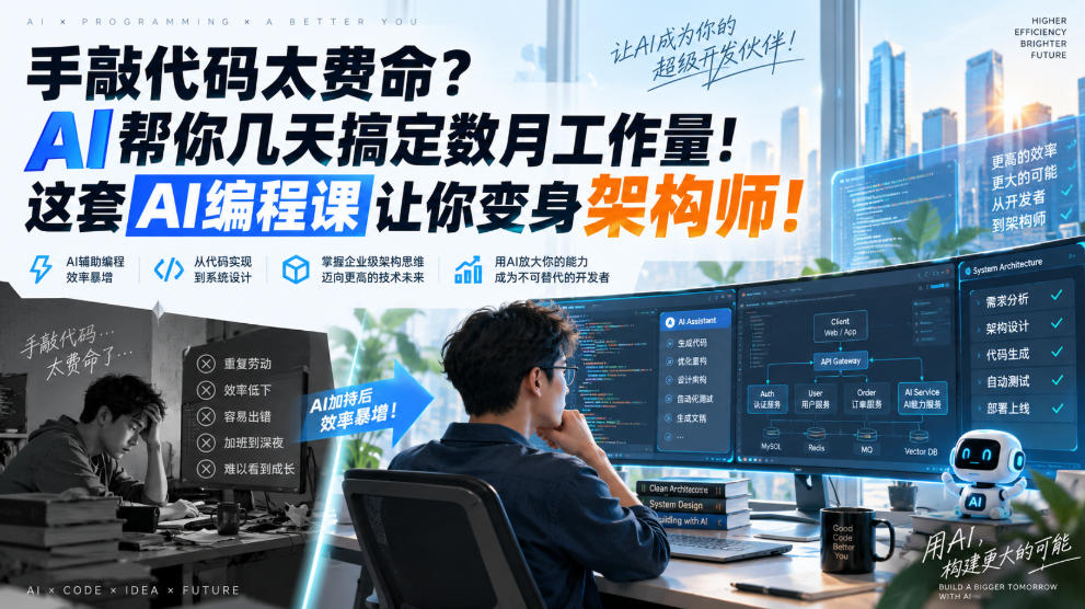 手敲代码太费命？AI帮你几天搞定数月工作量！这套AI编程课让你变身架构师！【原创双语字幕】-副业资源网