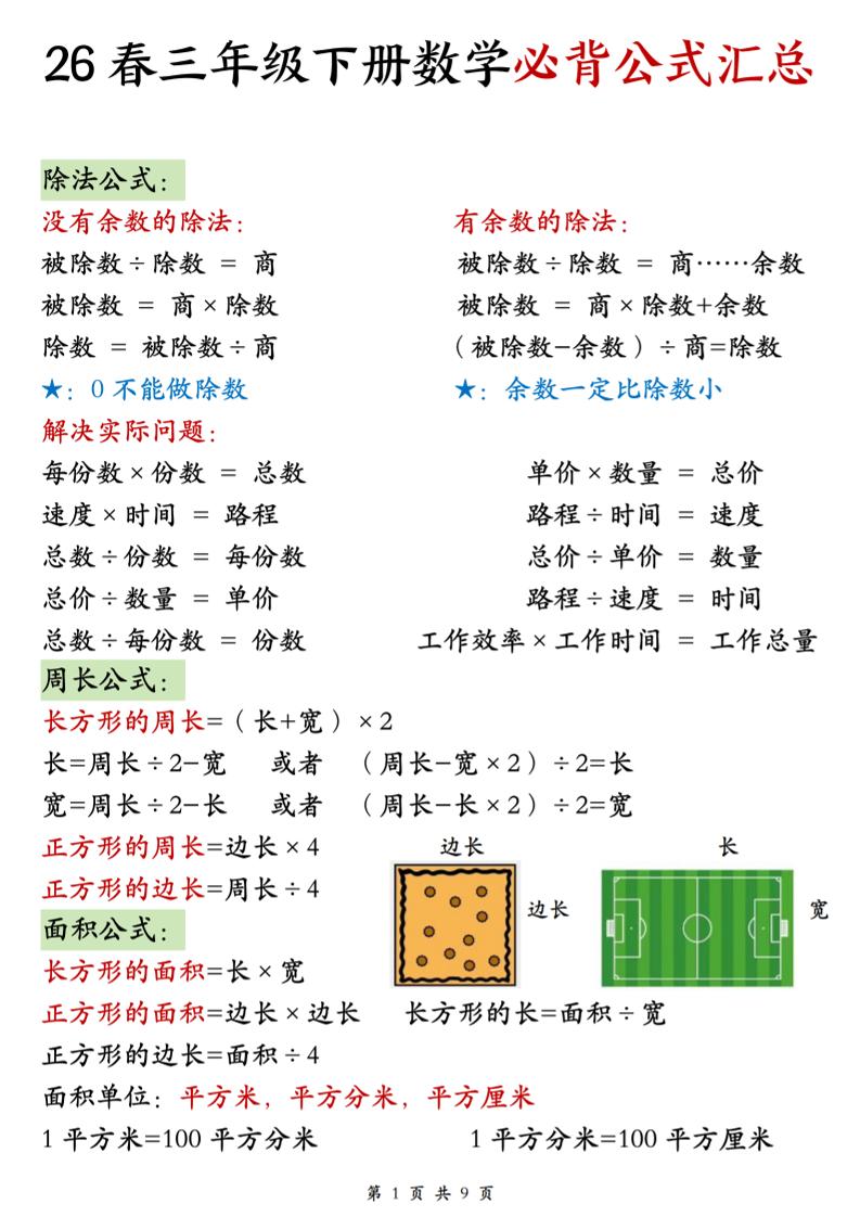 26春三年级下数学期末必背公式汇总-副业资源网