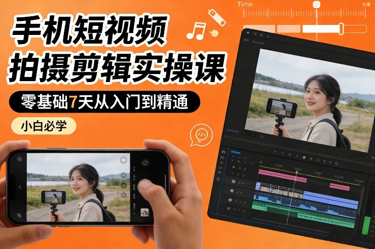 手机短视频拍摄剪辑实操课，零基础7天从入门到精通，小白必学-副业资源网