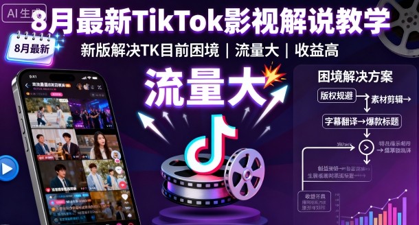 8月最新TikTok影视解说教学，新版解决TK目前困境，流量大，收益高-副业资源网